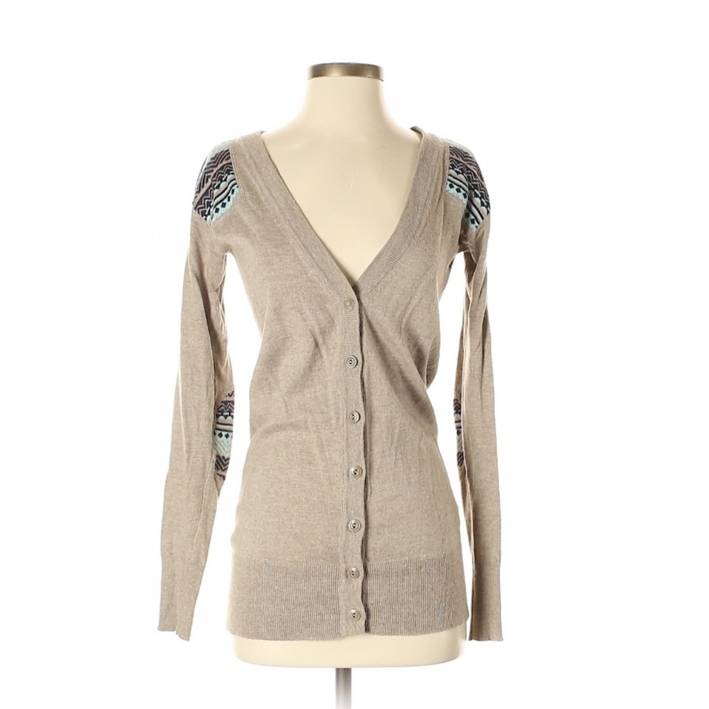 Shrinking Violet tan cardigan with blue designs